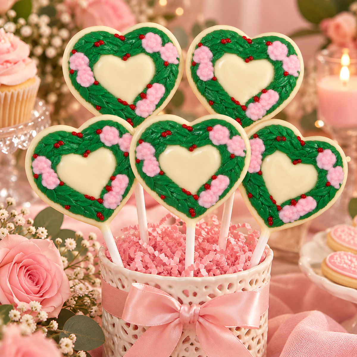 Delightful Wreath Heart Pollylop® — Chocolate Lollipop in a floral setting, perfect for festive celebrations.