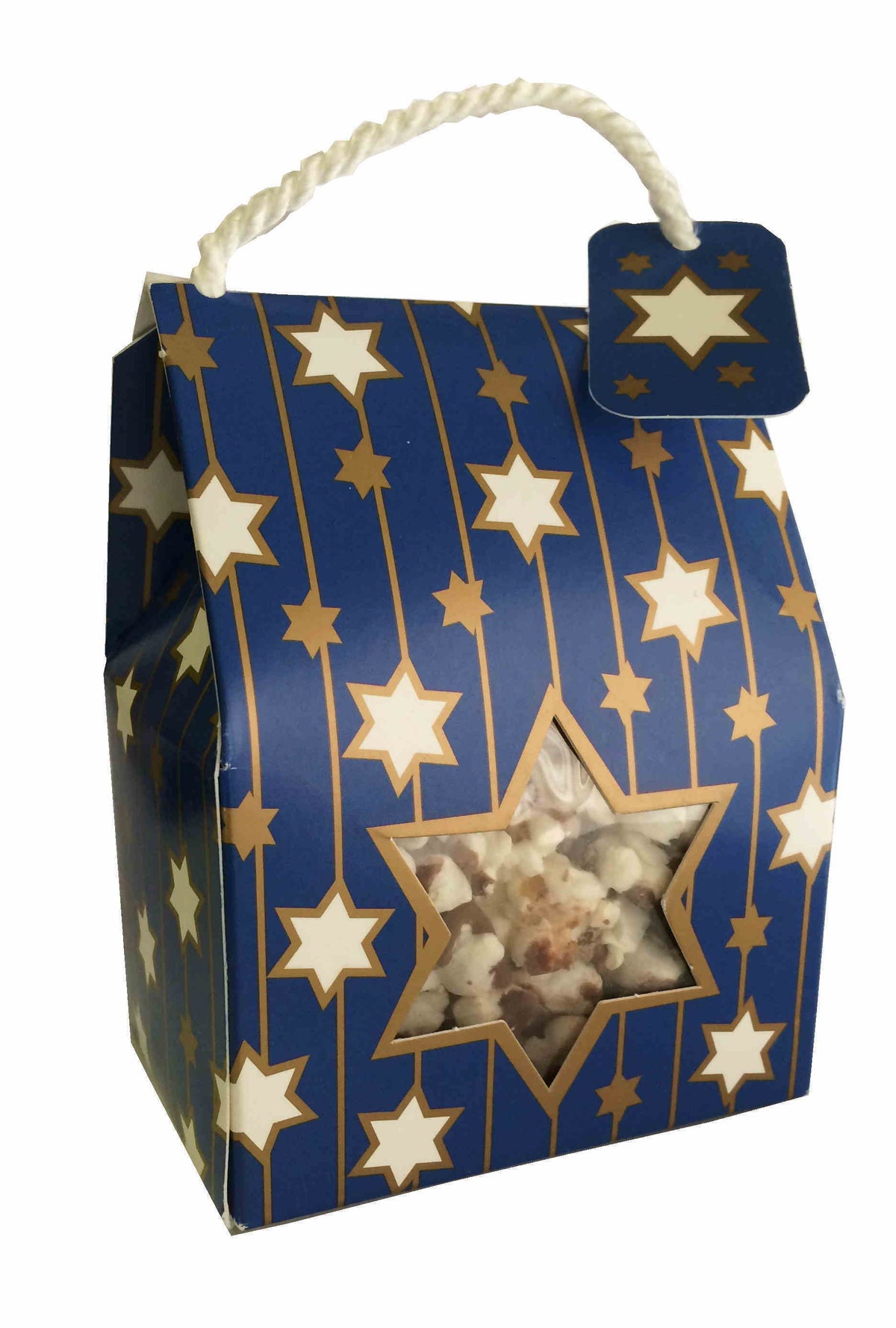 Blue gift box with star patterns and a pull tab on a white background