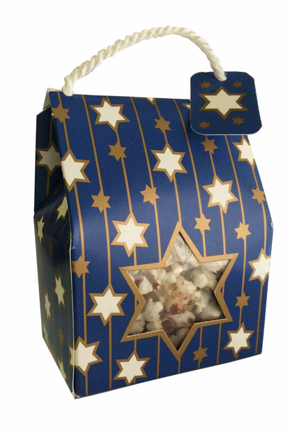 Blue gift box with star patterns and a pull tab on a white background