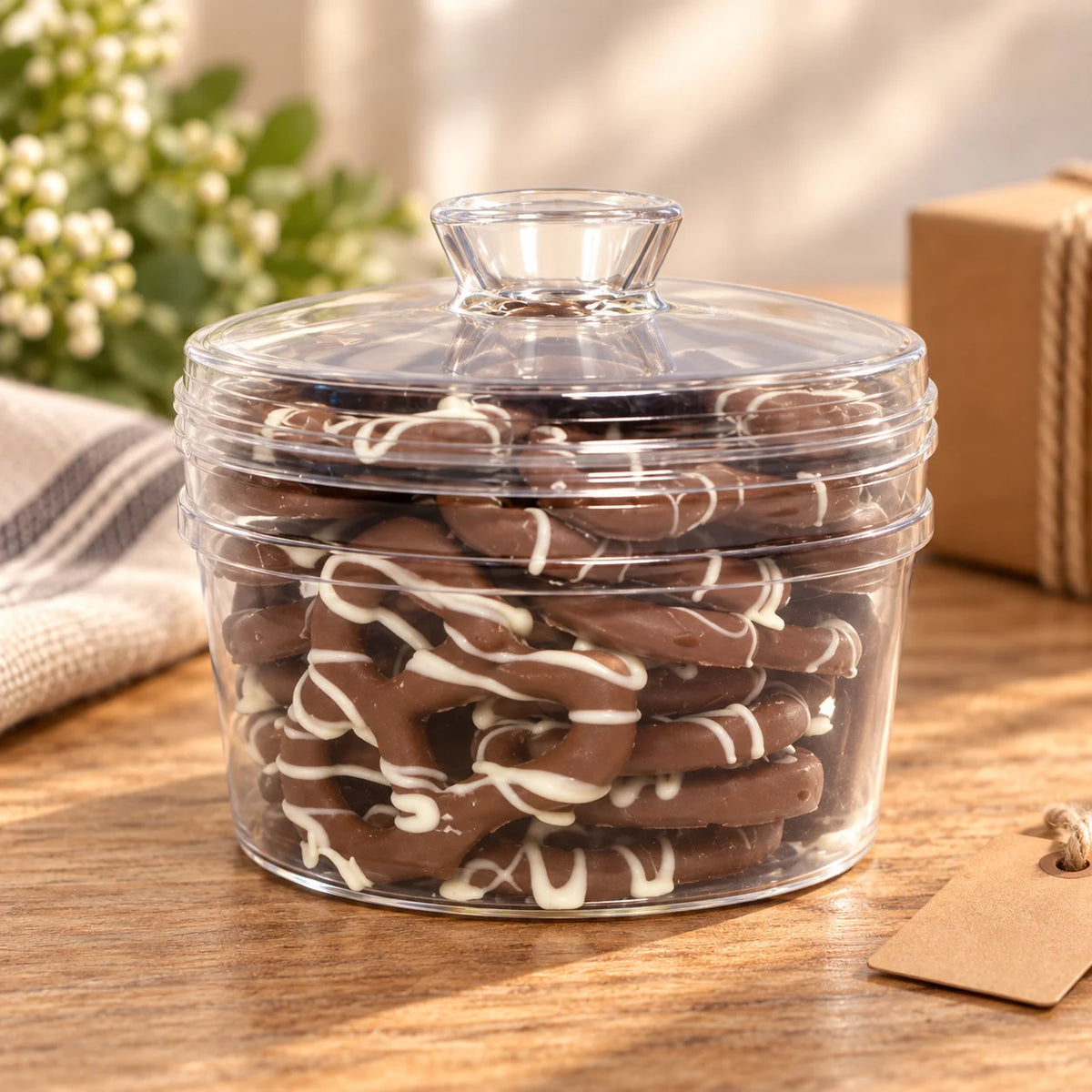 Gourmet Chocolate Dipped Pretzels — 1 lb. Molded Canister with Knob