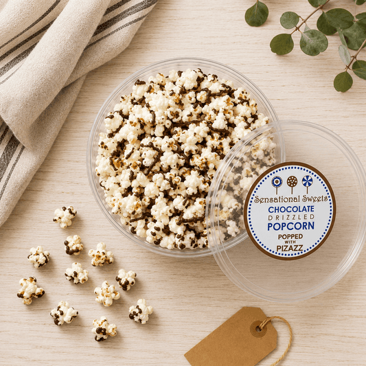 Chocolate Drizzled Popcorn — Deluxe Small Tub, 3 oz. | Sensational Sweets Gourmet