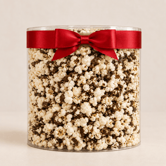 Chocolate Drizzled Popcorn — Tub with Bow, 7 oz. | Sensational Sweets