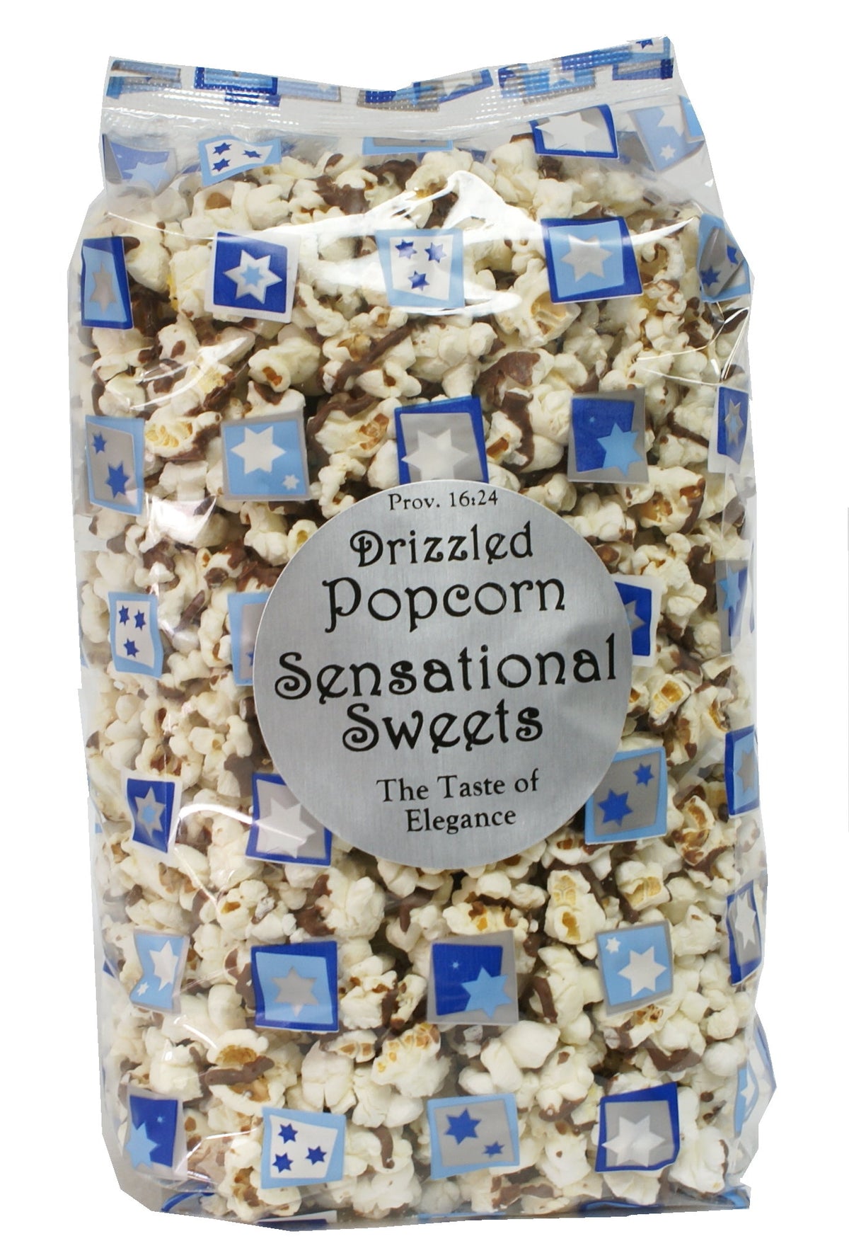 Bag of drizzled popcorn with decorative packaging on a white background