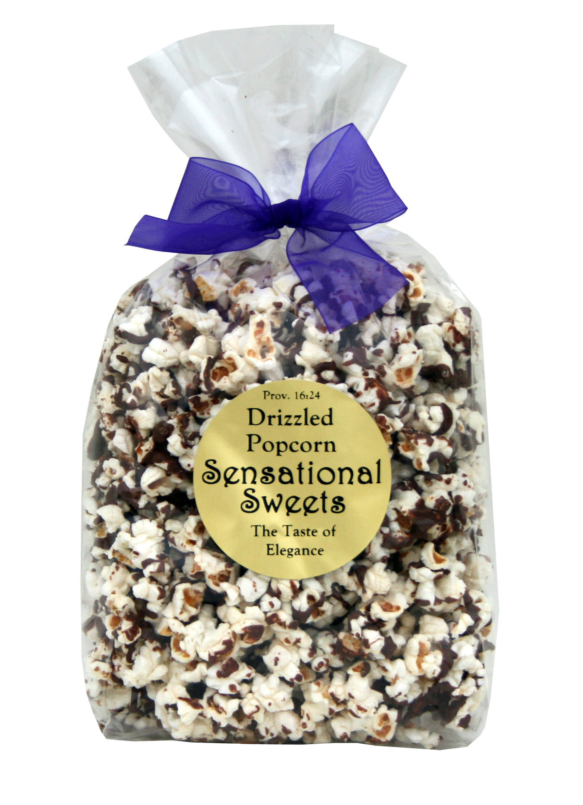 Chocolate Drizzled Popcorn — Clear Gift Bag with Bow, 1/2 lb. | Sensational Sweets