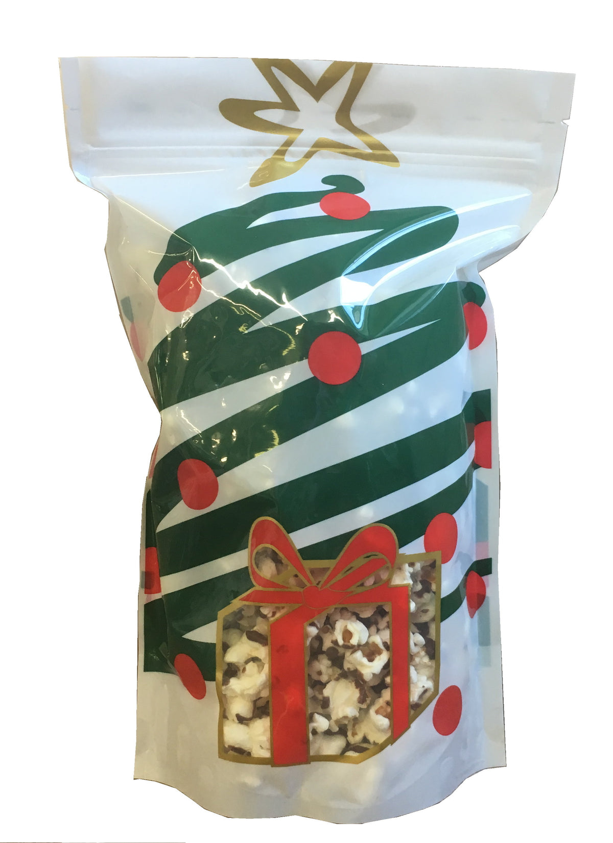 Christmas-themed popcorn bag with a tree and gift design.