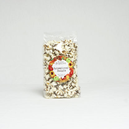 Bag of popcorn with a label on a white background