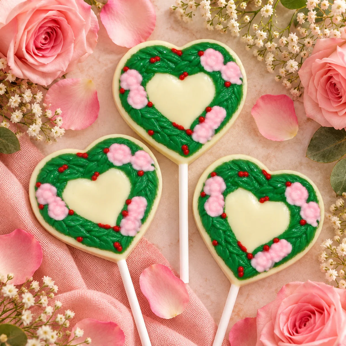 Wreath Heart Pollylop® — Chocolate Lollipop with pink blossoms and green leaves on a pink background.