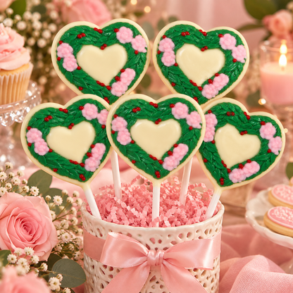 Delightful Wreath Heart Pollylop® — Chocolate Lollipop in a floral setting, perfect for festive celebrations.