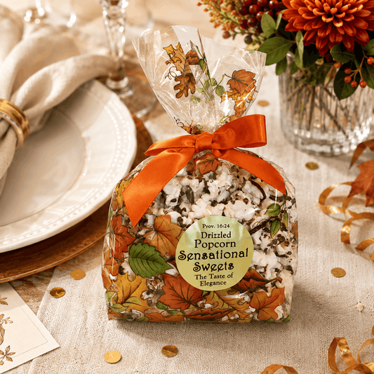 Chocolate Drizzled Popcorn — Small Bag with Bow, 3 oz.| Sensational Sweets Gourmet