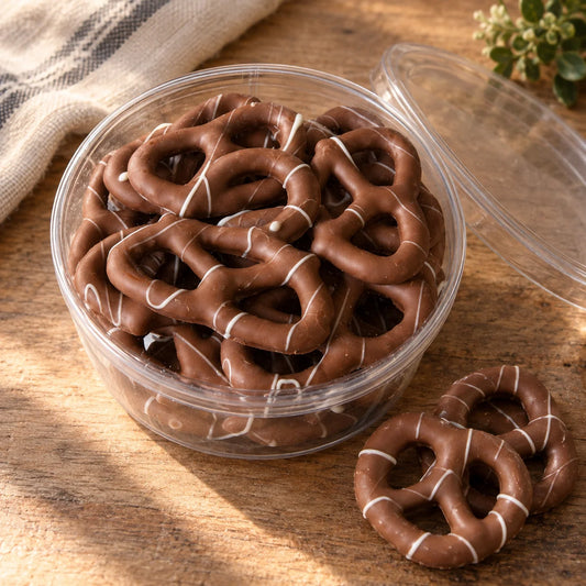 Gourmet Chocolate Dipped Pretzels - 1/2 lb. Short Tub