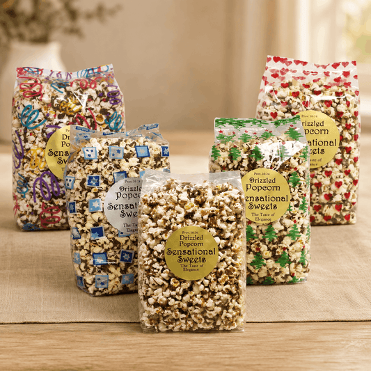 Chocolate Drizzled Popcorn — Seasonal Gift Bag, 1/2 lb. | Sensational Sweets
