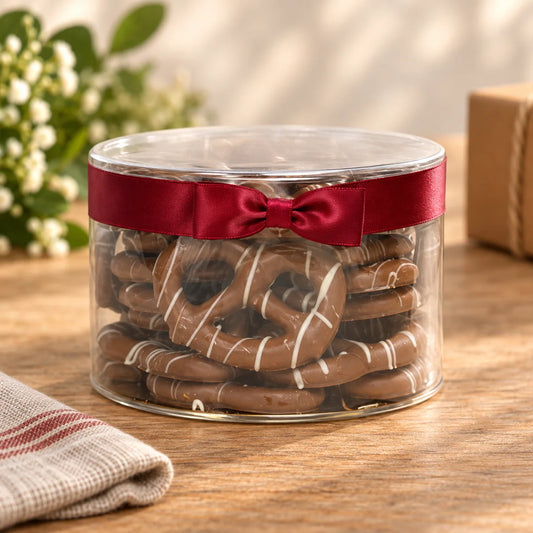 Gourmet Chocolate Dipped Pretzels — 1 lb. Tub with Ribbon