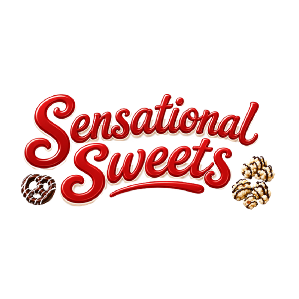 A digital graphic logo featuring the words 'Sensational Sweets' in a bold, glossy red cursive font. The design is accented with a chocolate-dipped pretzel on the bottom left and a caramel-topped cookie on the bottom right, all set against a solid white background.