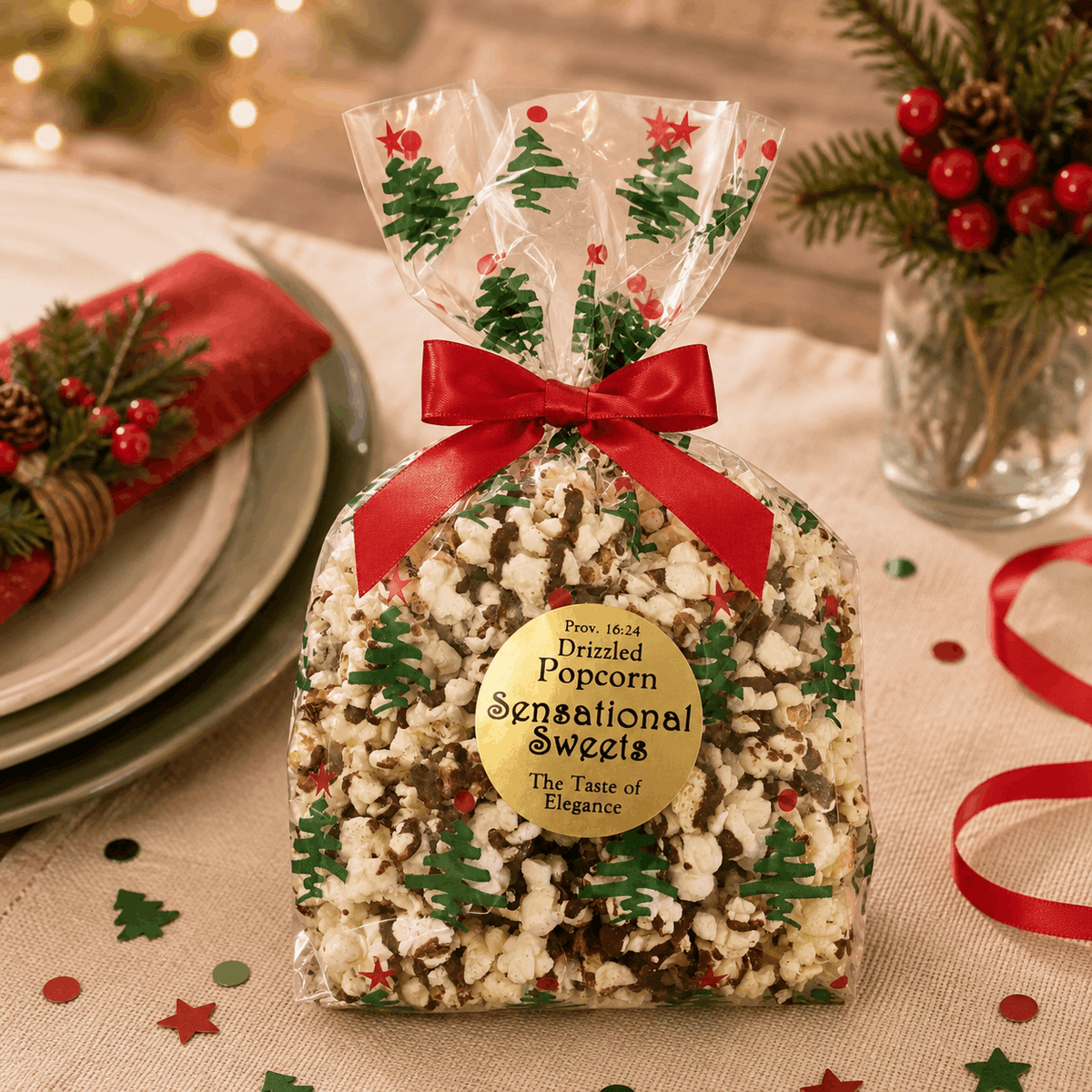 Chocolate Drizzled Popcorn — Small Bag with Bow, 3 oz.| Sensational Sweets Gourmet